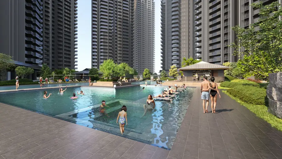 The main pool at Waterside Residences with towers behind, artistic impression